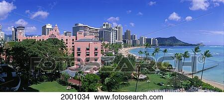 Hawaii, Oahu, Waikiki Royal Hawaiian Landscape With Beach Diamond Head Background Widelux Panoramic D1519 View Large Photo Image Picture - Hawaii, Oahu, Waikiki Royal Hawaiian Landscape With Beach Diamond Head Background Widelux Panoramic D1519. Fotosearch