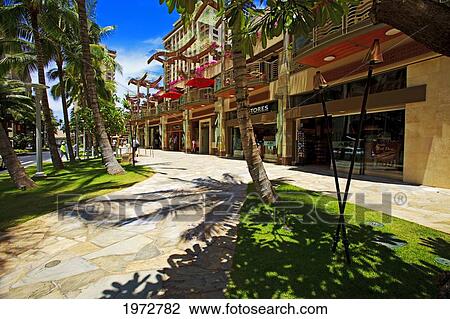 Stock Image - Hawaii, Oahu, Waikiki, Shops On Lewers Street.. Fotosearch