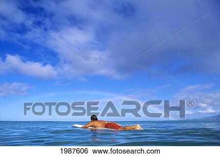 Stock Photograph - Hawaii, Oahu, Waikiki, Surfer Paddling Out On Longboard, Rainbow Arching Overhead. No Model Release. Fotosearch