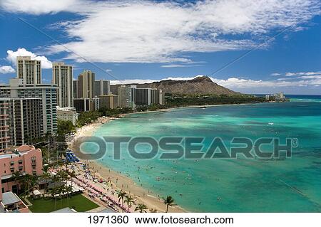 Stock Image - Hawaii, Oahu, Waikiki, View Of Hotels Along Ocean And Diamond Head.. Fotosearch