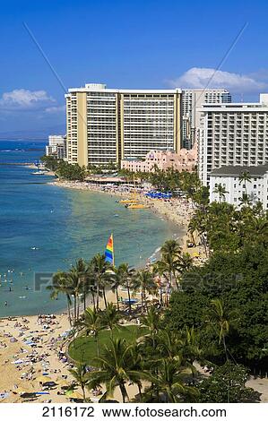 Stock Image - Hawaii, Oahu, Waikiki, View of the Pacific Ocean, Waikiki Beach, and famous hotels.. Fotosearch