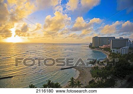 Hawaii, Oahu, Waikiki, View of the Pacific Ocean and Waikiki Beach during sunset. View Large Photo Image Stock Image - Hawaii, Oahu, Waikiki, View of the Pacific Ocean and Waikiki Beach during sunset.. Fotosearch