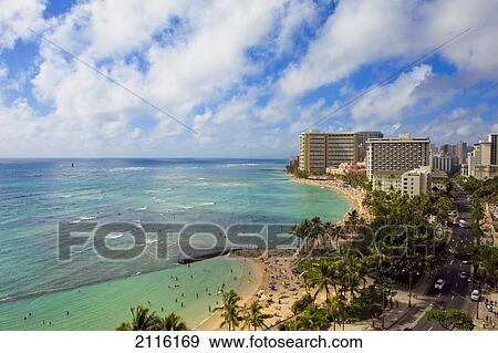 Stock Photo - Hawaii, Oahu, Waikiki, View of the Pacific Ocean, Waikiki Beach, and famous hotels.. Fotosearch