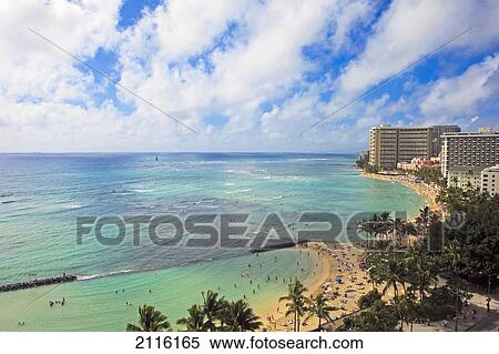 Stock Photography - Hawaii, Oahu, Waikiki, View of the Pacific Ocean, Waikiki Beach, and famous hotels.. Fotosearch
