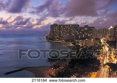 Picture - Hawaii, Oahu, Waikiki, View of Waikiki at night.. Fotosearch