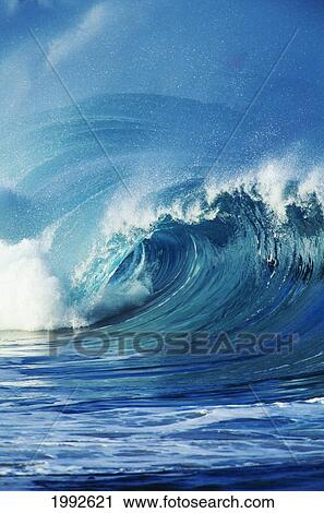Stock Image - Hawaii, Oahu, Waimea Bay; Big Wave Curling And Crashing. Fotosearch