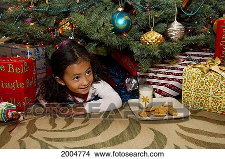 Picture - Hawaii, Oahu, Young Girl Under Christmas Tree With Cookies And Milk For Santa.. Fotosearch