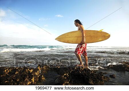 Hawaii, Oahu, Young Man Walking On Rocky Coastline With Surfboard View Large Photo Image Stock Photo - Hawaii, Oahu, Young Man Walking On Rocky Coastline With Surfboard. Fotosearch