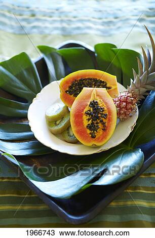 Stock Image - Hawaii, Plate Of Papaya, Kiwi And Pineapple.. Fotosearch