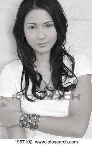 Stock Image - Hawaii, Portrait Of Beautiful Asian Woman, Black And White.. Fotosearch