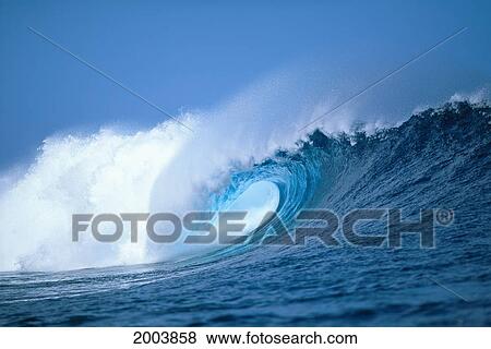 Hawaii, Powerful Curling Wave, Side Angle View, Whitewash And Spray, Blue Sky View Large Photo Image Stock Photo - Hawaii, Powerful Curling Wave, Side Angle View, Whitewash And Spray, Blue Sky. Fotosearch