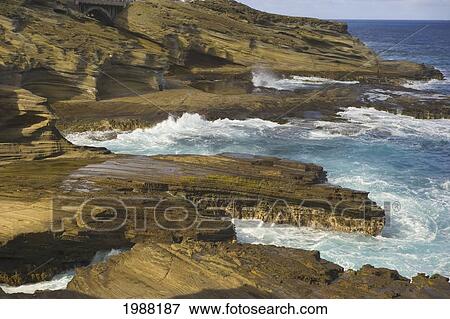 Stock Photo - Hawaii, Southeast Oahu, Portlock Coast, Ocean Crashing Against Rocky Coastline. Fotosearch