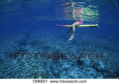 Stock Image - Hawaii, Surfer, Below Surface, Pink/Yellow Board, Clear Water, Reflection. Fotosearch