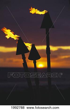 Hawaii, Tiki Torches, Sun Sets Over Ocean. View Large Photo Image Stock Photo - Hawaii, Tiki Torches, Sun Sets Over Ocean.. Fotosearch