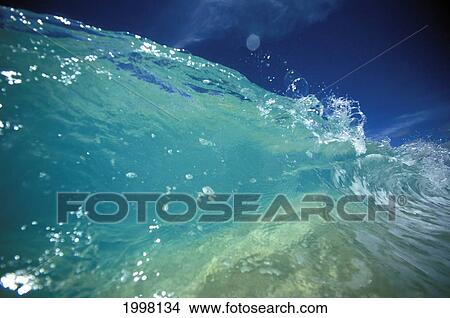 Hawaii, Turquoise Breaking Wave, Sand Visible Through Clear Water, Blue Sky. Close-Up. View Large Photo Image Picture - Hawaii, Turquoise Breaking Wave, Sand Visible Through Clear Water, Blue Sky. Close-Up.. Fotosearch