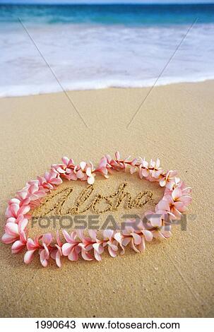 Stock Image - Hawaii, Turquoise Ocean Waters, Foaming Shore Water, Pink Plumeria Lei, Aloha Written In Sand. Fotosearch