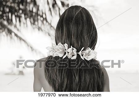 Stock Image - Hawaii, View From Behind Of A Local Girl Wearing A Plumeria Lei (Sepia Photograph).. Fotosearch