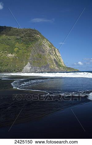 Hawaii, Waipio Valley, Black sand beach along th Hamakua Coast. View Large Photo Image Stock Image - Hawaii, Waipio Valley, Black sand beach along th Hamakua Coast.. Fotosearch