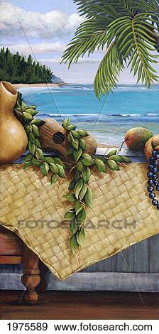 Stock Photo - Hawaiian Still Life With Haleiwa On My Mind - Panel 2 Of 3, (Acrylic Painting).. Fotosearch