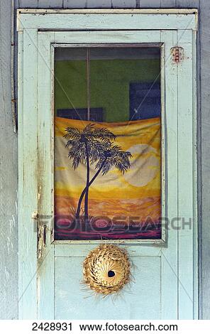 Stock Image - Hawiian style front door detail; Holualoa, Big Island, Hawaii, United States of America. Fotosearch