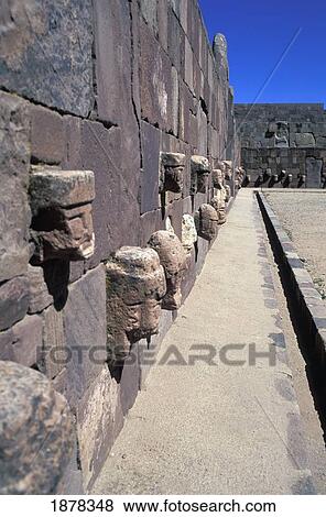 Stock Photo - Heads In The Semi Underground Temple At Tiahuanaco, Close Up. Fotosearch