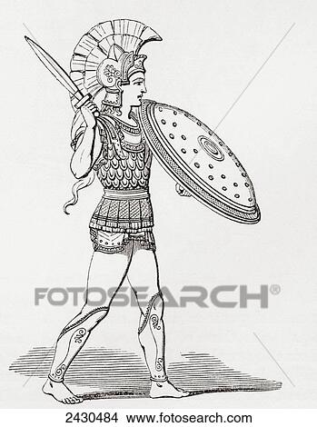 Picture - Helmeted Greek warrior wearing greaves and armour holding a Clipeus shield and sword. From The Imperial Bible Dictionary, published 1889.. Fotosearch