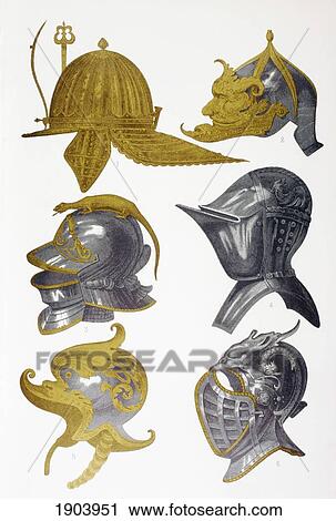 Stock Image - Helmets. 1. Post-Renaissance Capeline Helmet. 2. Morion Helmet. 3, 4 And 6. Visored Helmets. 5. Decorated Helmet. From Les Artes Au Moyen Age, Published Paris 1873.. Fotosearch