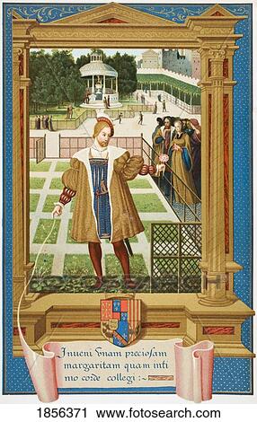 Stock Image - Henri D'albret The King Of Navarre 1503 To 1555 Meeting Marguerite 1492 To 1549 In The Gardens Of Alencon After 16Th Century Miniature Attributed To Geoffroy Tory From Science And Literature In The Middle Ages By Paul Lacroix Published London 1878. Fotosearch