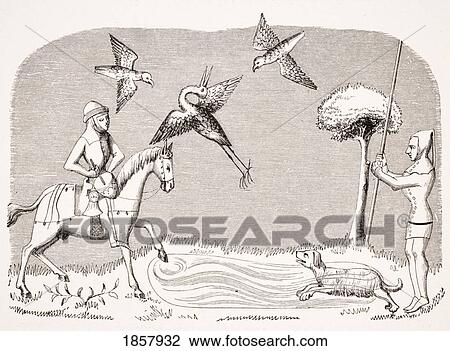 Stock Image - Heron Hawking. 19Th Century Reproduction Of Miniature In 14Th Century Manuscript Of Livre Du Roy Modus. Fotosearch