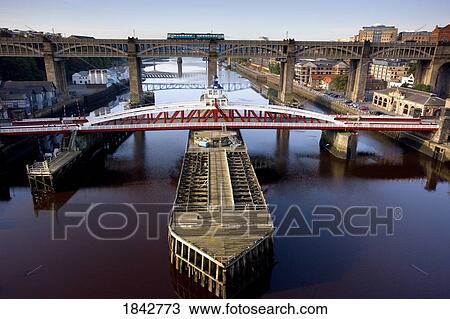 Stock Image - High Angle View Of Bridges; Newcastle Upon Tyne, Tyne And Wear, England, Uk. Fotosearch