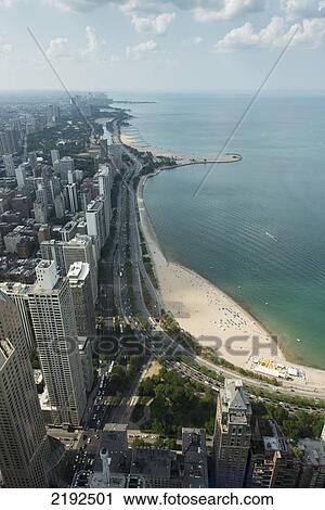 High Angle View Of Buildings Road And Beach Along Lake Michigan; Chicago Illinois United States Of America View Large Photo Image Stock Image - High Angle View Of Buildings Road And Beach Along Lake Michigan; Chicago Illinois United States Of America. Fotosearch