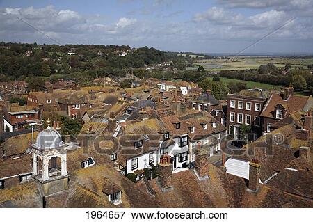 Stock Photo - High Angle View Of Houses And Fields Surrounding River Rother; Rye Sussex England. Fotosearch