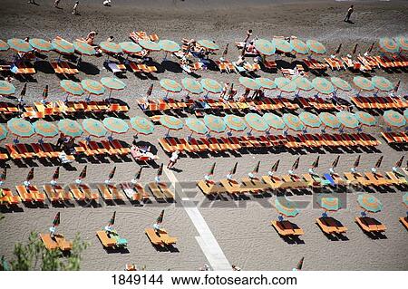 Picture - High Angle View Of Mediterranean Beach And Seashore; Positano, Amalfi Coast, Italy. Fotosearch