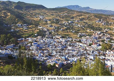 Stock Image - High Angle View Of The City Of Chefchaouen; Chefchaouen Morocco. Fotosearch