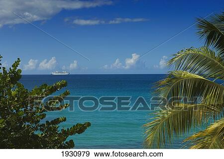High Angle View Of The Ocean With A Cruise Ship Sailing On The Horizon; Grenada, Caribbean View Large Photo Image Stock Photo - High Angle View Of The Ocean With A Cruise Ship Sailing On The Horizon; Grenada, Caribbean. Fotosearch