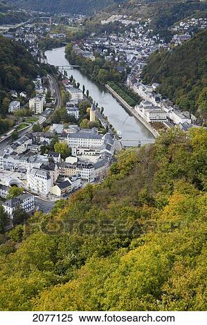 Stock Photography - High Angle View Of The River Lahn And City; Bad Ems Rheinland-Pfalz Germany. Fotosearch