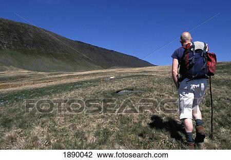 Stock Image - Hiker With Walking Stick On Black Mountain, Rear View. Fotosearch