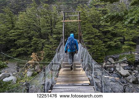 Stock Photograph - Hiking over a bridge in French Valley, Torres del Paine National Park; Torres del Paine, Magallanes and Antartica Chilena Region, Chile. Fotosearch