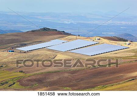 Stock Photo - Hillside View Of Farmland With Solar Panels; Andalusia, Spain. Fotosearch