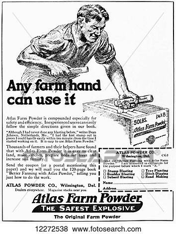 Stock Photo - Historic advertisement of Atlas Farm Powder The Safest Explosive with illustration of farmer handling sticks of explosive powder from the early 20th century.. Fotosearch