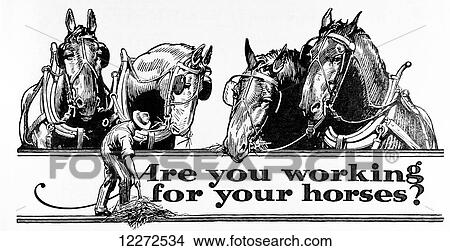 Picture - Historic Are you working for your horses? advertisement with illustration of farmer and horses in early 20th century.. Fotosearch