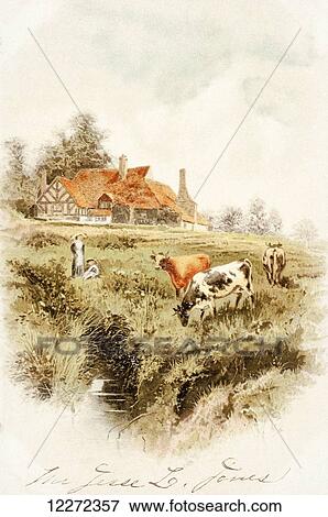 Historic greeting card with illustration of cows and people on farm from 19th century. View Large Photo Image Stock Photo - Historic greeting card with illustration of cows and people on farm from 19th century.. Fotosearch