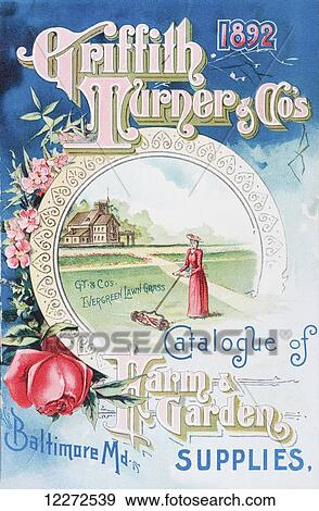 Stock Photo - Historic Griffith Turner & Co catalog of farm and garden supplies with illustration of woman farmer from 19th century.. Fotosearch