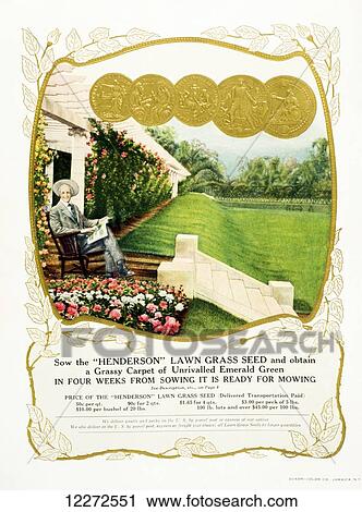 Stock Image - Historic Henderson lawn grass seed advertisement from 20th century.. Fotosearch