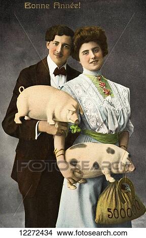 Historic illustration of couple holding pigs and bag of money with text Bonne Annee! from 19th century. View Large Photo Image Picture - Historic illustration of couple holding pigs and bag of money with text Bonne Annee! from 19th century.. Fotosearch