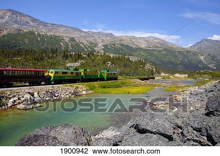 Stock Image - Historic Train Travels Through White Pass Trail; Skagway, Alaska, United States Of America. Fotosearch