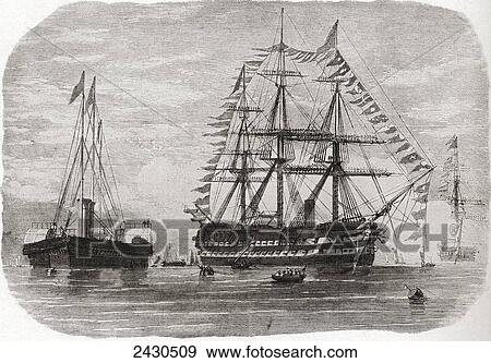 Stock Photo - HMS Hero in 1860. A 91 gun ship-of-the-line. From Edward VII His Life and Times, published 1910.. Fotosearch