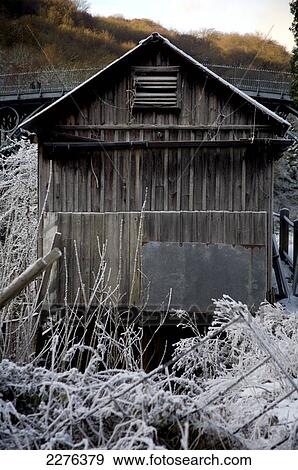 Stock Photo - Hoar frost on shed; Ironbridge, Shropshire, England. Fotosearch