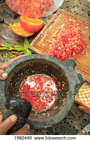Stock Photo - Homemade Salsa Preparation At Sierra La Laguna Near Los Cabos Area; San Jose Del Cabo Baja California Mexico. Fotosearch