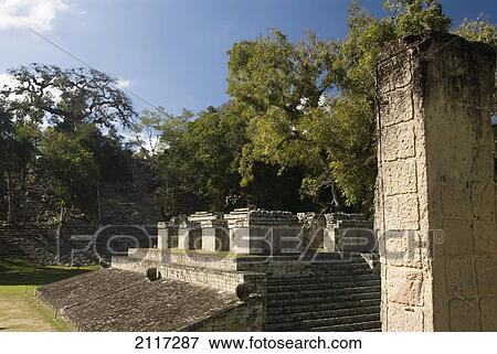 Stock Photo - Honduras, Copan Ruinas, Copan Archeological Park, Stela 2 (foreground), Structure #9 and Ball Court (background). Fotosearch
